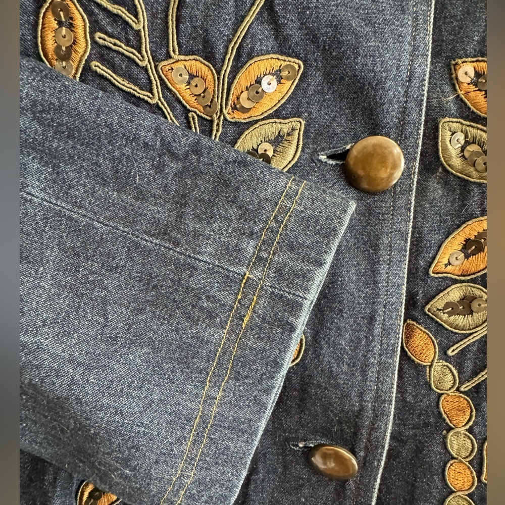 Ann Gerlin Embroidered Denim Jacket Boho Floral Sequin Size 14 - Picture 3 of 5